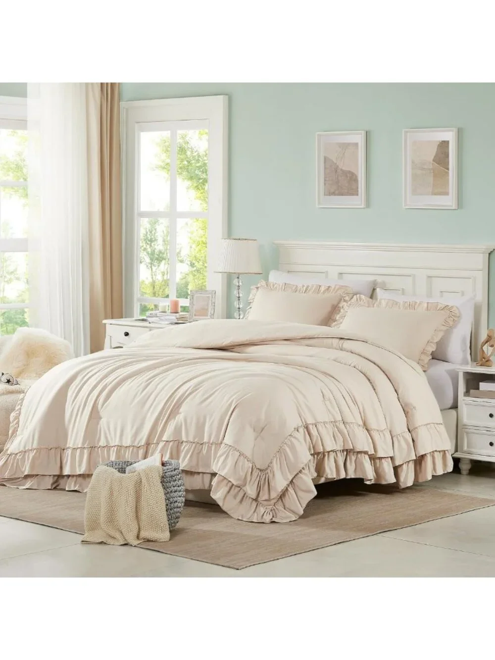 Cozy Pink Ruffle King Comforter Set | Shabby Chic Boho Bedding | 3PCS All-Season